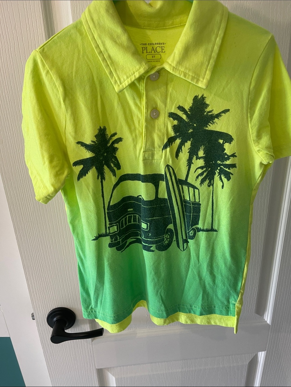 The Children's Place Neon Yellow-Green Gradient Polo with Surf Van Graphic